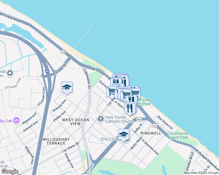 map of restaurants, bars, coffee shops, grocery stores, and more near 244 Portview Avenue in Norfolk