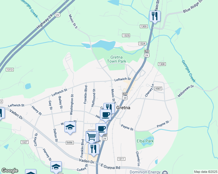 map of restaurants, bars, coffee shops, grocery stores, and more near 205 Music Street South in Gretna