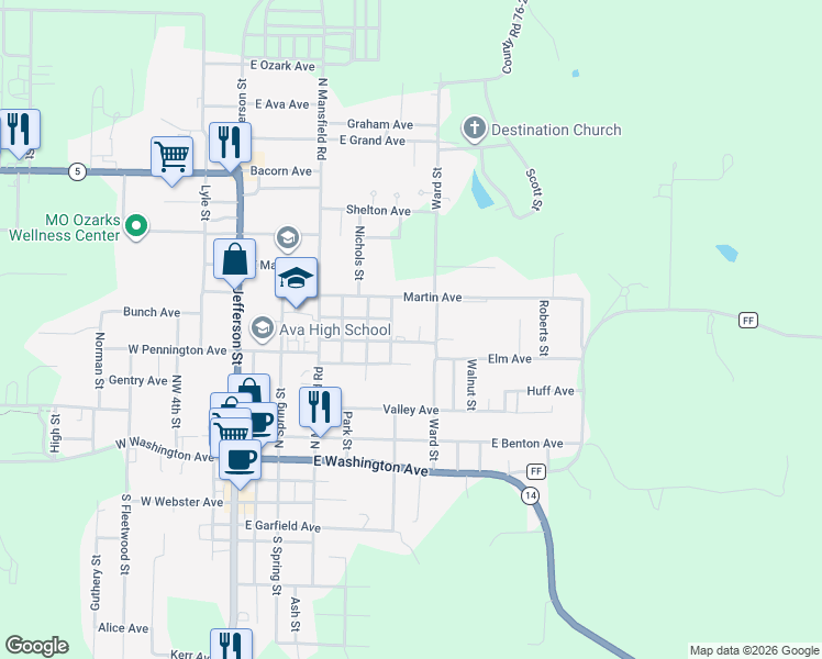 map of restaurants, bars, coffee shops, grocery stores, and more near 809-811 Northeast 6th Avenue in Ava