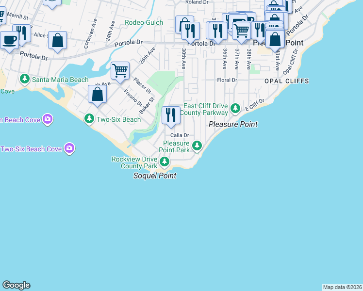 map of restaurants, bars, coffee shops, grocery stores, and more near 131 30th Avenue in Santa Cruz