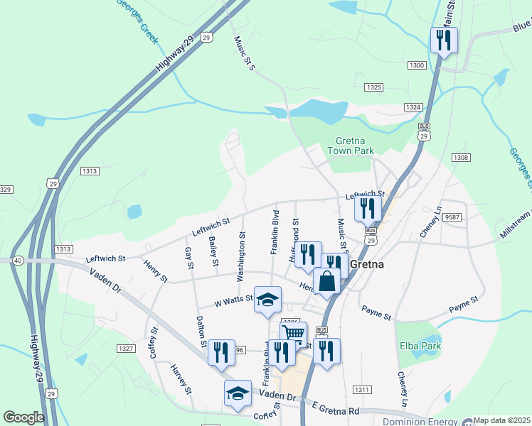 map of restaurants, bars, coffee shops, grocery stores, and more near 401 Leftwich Street in Gretna