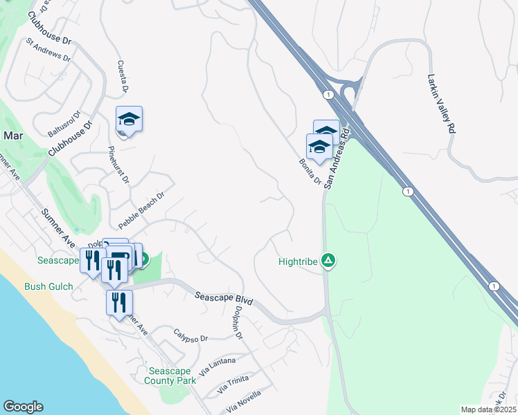 map of restaurants, bars, coffee shops, grocery stores, and more near 153 Castillo Court in Aptos