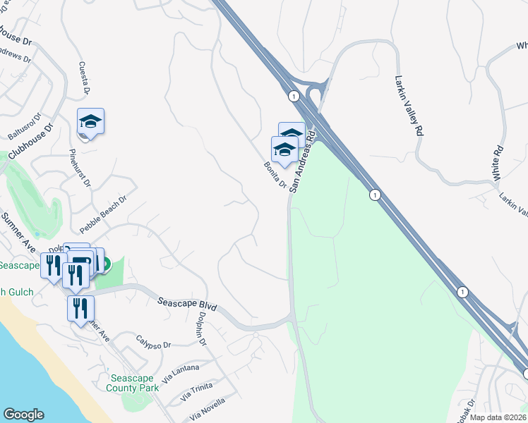 map of restaurants, bars, coffee shops, grocery stores, and more near 308 Ventana Way in Aptos