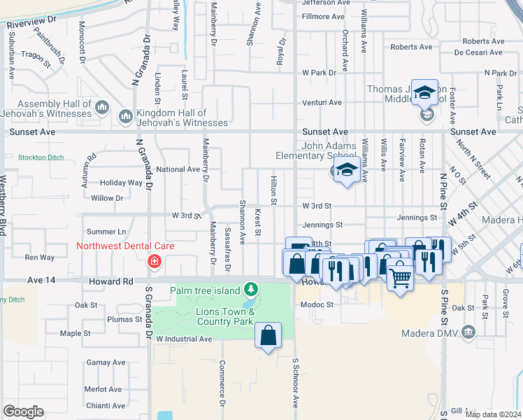map of restaurants, bars, coffee shops, grocery stores, and more near 309 Krest Street in Madera