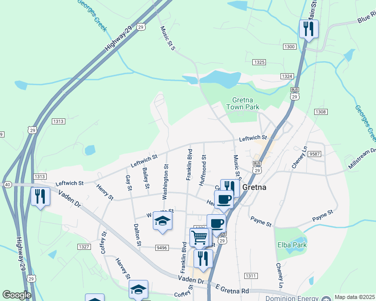 map of restaurants, bars, coffee shops, grocery stores, and more near 127 Franklin Boulevard in Gretna