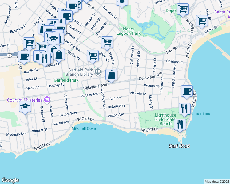 map of restaurants, bars, coffee shops, grocery stores, and more near 145 Plateau Avenue in Santa Cruz