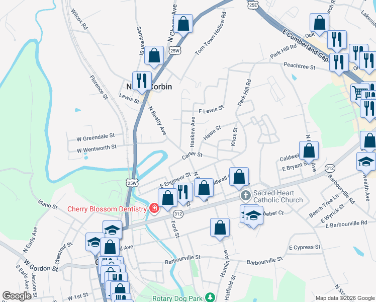 map of restaurants, bars, coffee shops, grocery stores, and more near 65 Haskew Avenue in Corbin