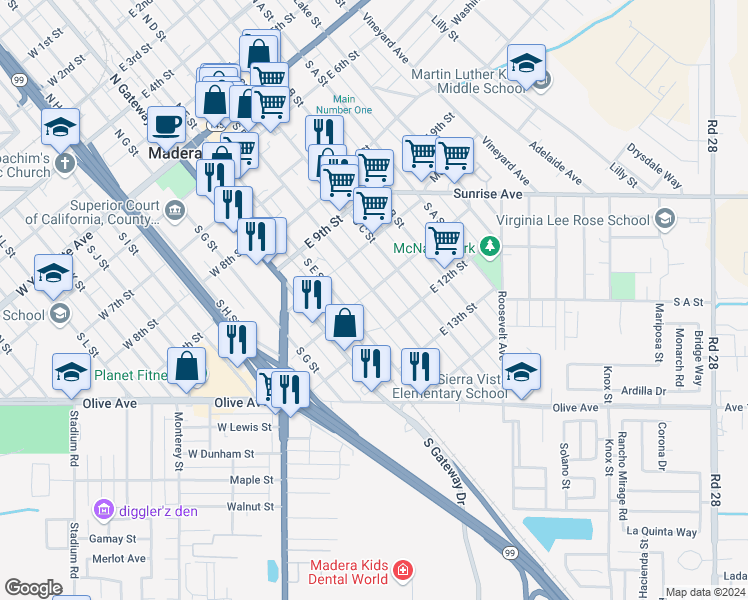 map of restaurants, bars, coffee shops, grocery stores, and more near 615 South D Street in Madera