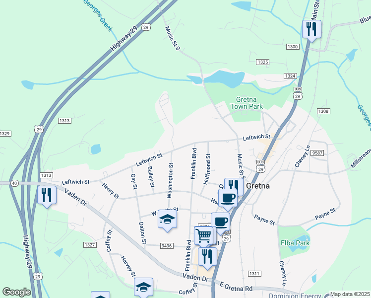 map of restaurants, bars, coffee shops, grocery stores, and more near 401 Leftwich Street in Gretna