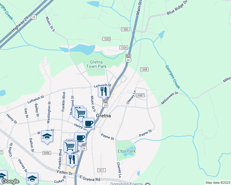 map of restaurants, bars, coffee shops, grocery stores, and more near North Main Street in Pittsylvania County
