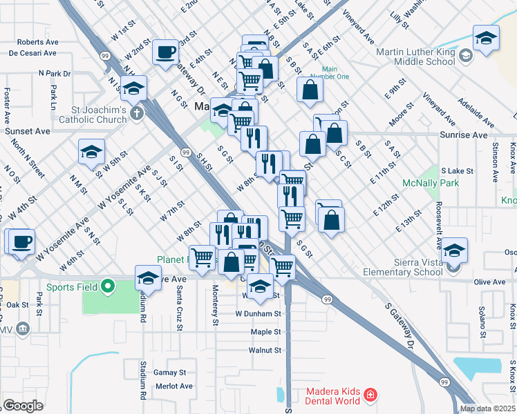 map of restaurants, bars, coffee shops, grocery stores, and more near 506 South G Street in Madera