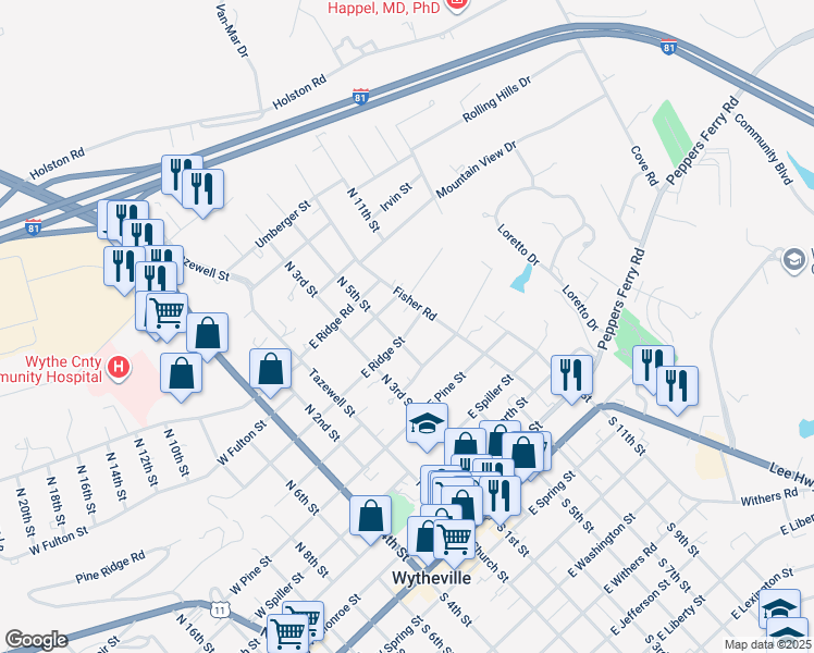 map of restaurants, bars, coffee shops, grocery stores, and more near 440 East Ridge Street in Wytheville