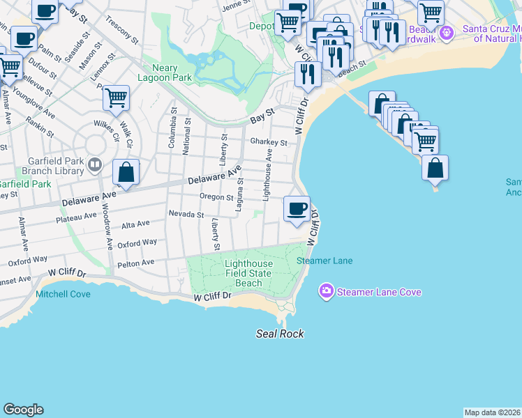 map of restaurants, bars, coffee shops, grocery stores, and more near 223 Lighthouse Avenue in Santa Cruz
