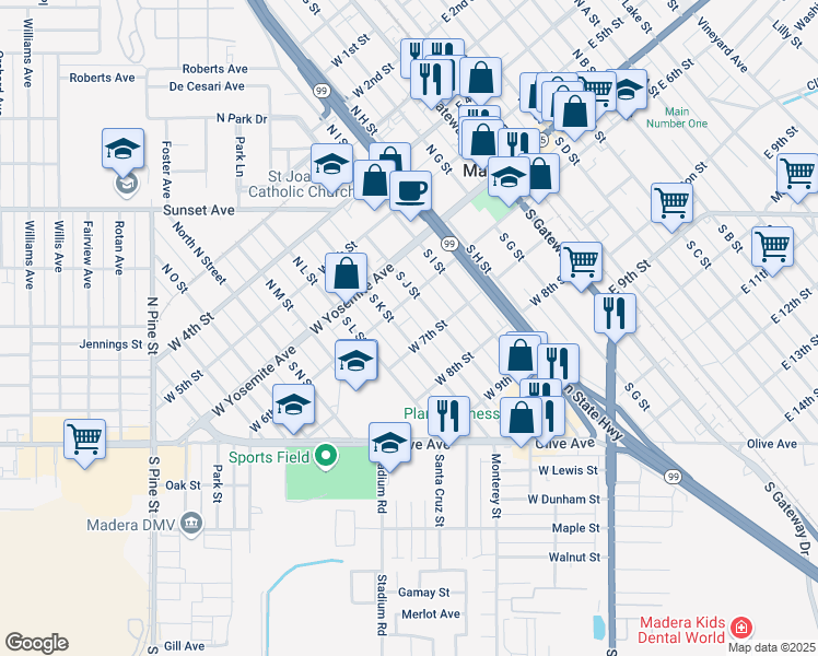 map of restaurants, bars, coffee shops, grocery stores, and more near 125 South K Street in Madera