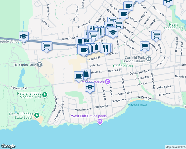 map of restaurants, bars, coffee shops, grocery stores, and more near 221 Heath Street in Santa Cruz