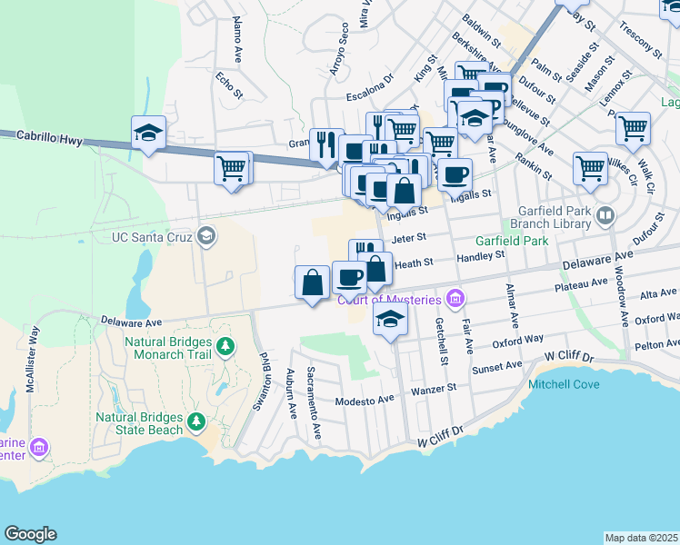map of restaurants, bars, coffee shops, grocery stores, and more near 200 Panetta Avenue in Santa Cruz