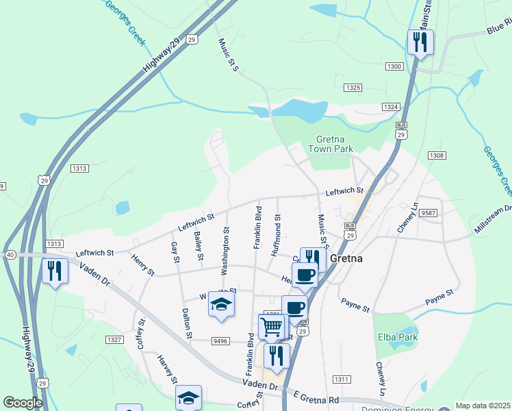map of restaurants, bars, coffee shops, grocery stores, and more near 129 Franklin Boulevard in Gretna