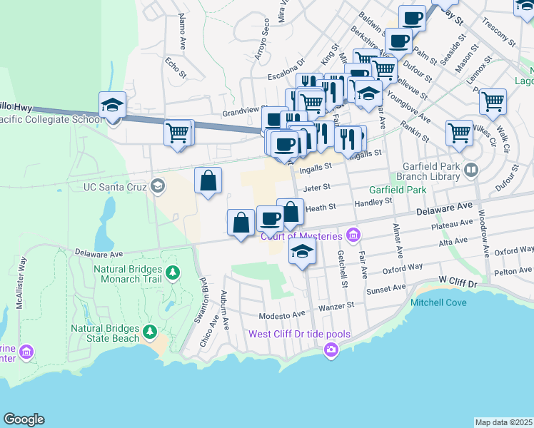 map of restaurants, bars, coffee shops, grocery stores, and more near 202 Panetta Avenue in Santa Cruz