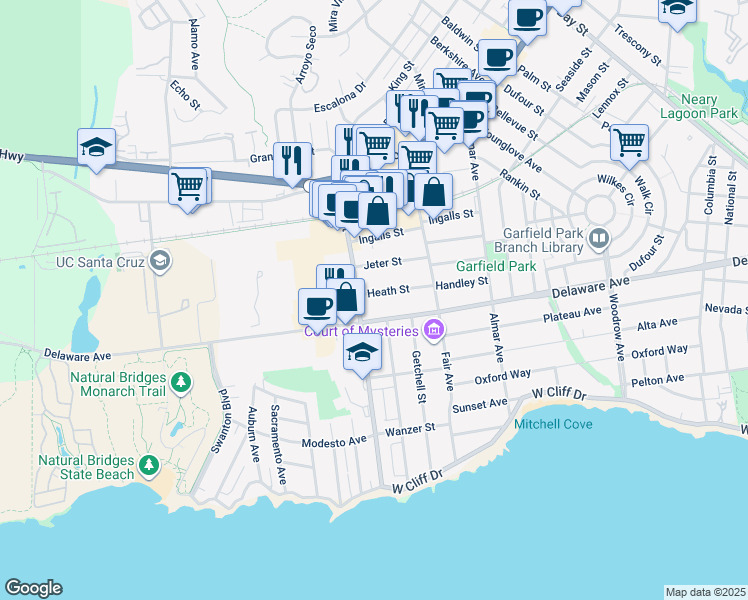 map of restaurants, bars, coffee shops, grocery stores, and more near 221 Heath Street in Santa Cruz