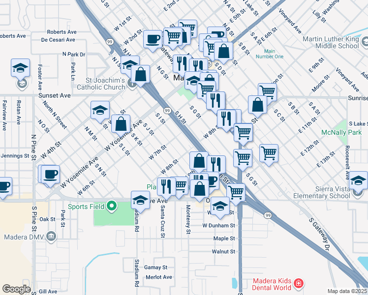 map of restaurants, bars, coffee shops, grocery stores, and more near 329 South I Street in Madera
