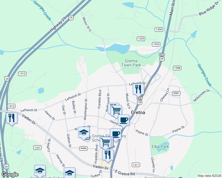map of restaurants, bars, coffee shops, grocery stores, and more near 300 Leftwich Street in Gretna