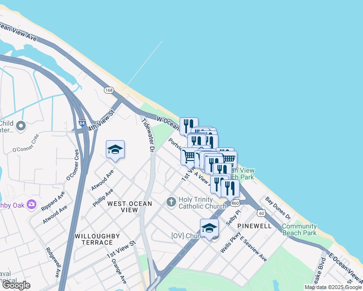 map of restaurants, bars, coffee shops, grocery stores, and more near 245 West Ocean View Avenue in Norfolk