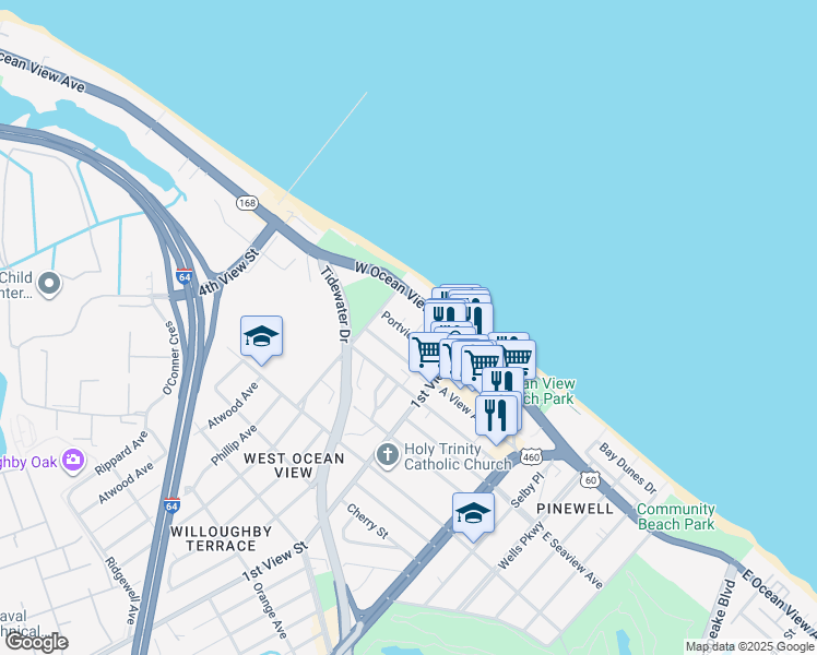 map of restaurants, bars, coffee shops, grocery stores, and more near 245 West Ocean View Avenue in Norfolk
