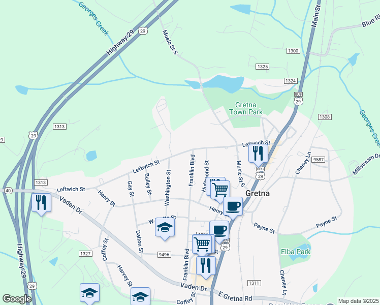 map of restaurants, bars, coffee shops, grocery stores, and more near 129 Franklin Boulevard in Gretna