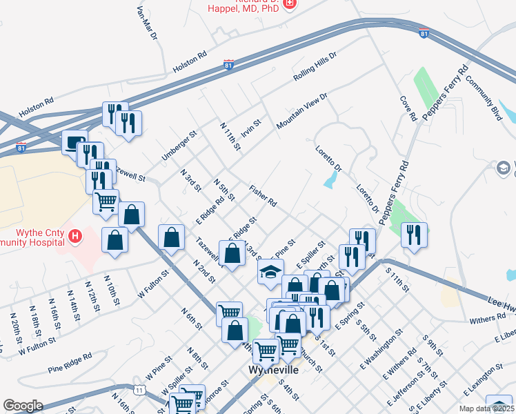 map of restaurants, bars, coffee shops, grocery stores, and more near 440 East Ridge Street in Wytheville