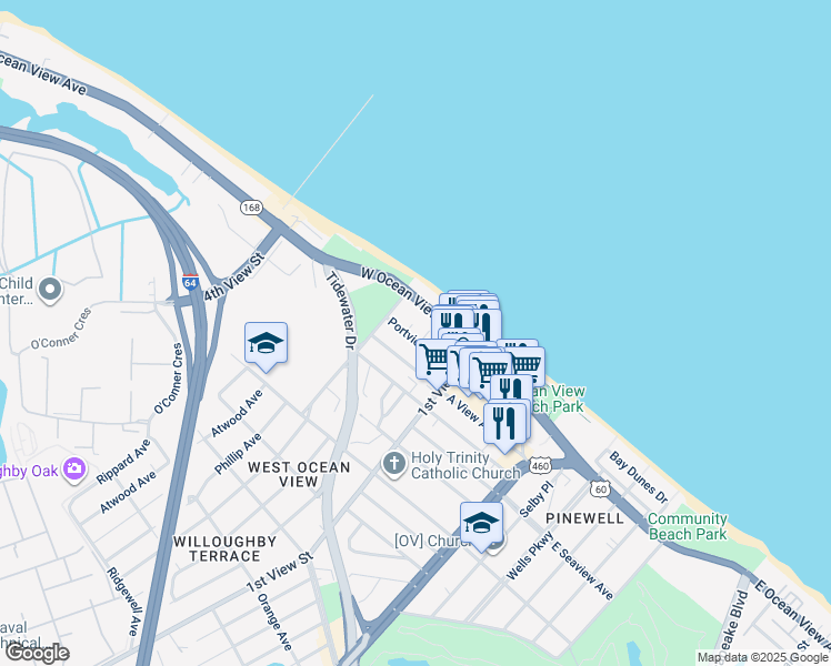 map of restaurants, bars, coffee shops, grocery stores, and more near 262 Portview Avenue in Norfolk