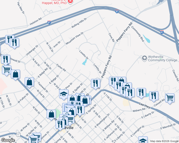 map of restaurants, bars, coffee shops, grocery stores, and more near 798 East Spiller Street in Wytheville
