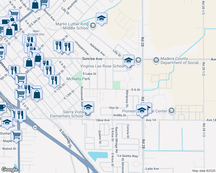 map of restaurants, bars, coffee shops, grocery stores, and more near 314 Stinson Avenue in Madera