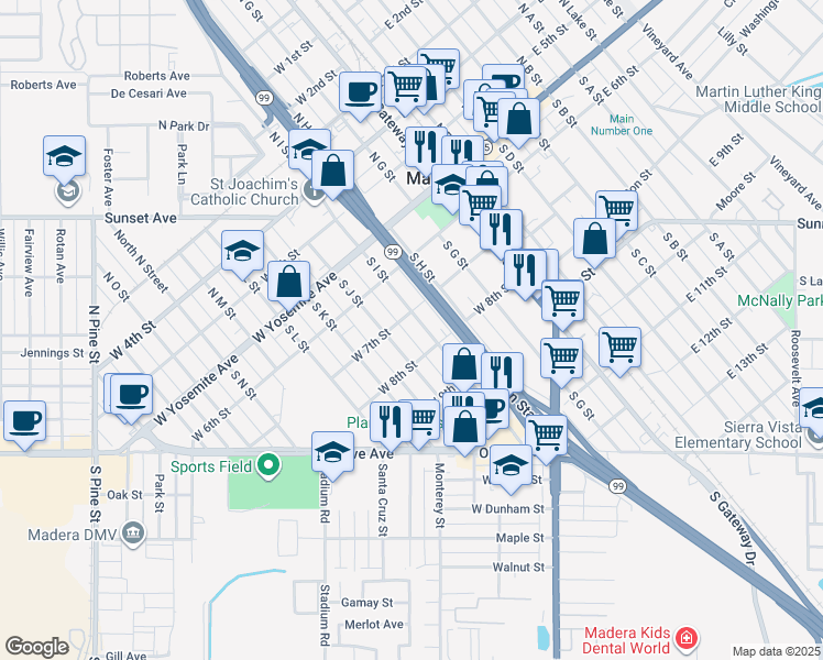 map of restaurants, bars, coffee shops, grocery stores, and more near 301 South I Street in Madera