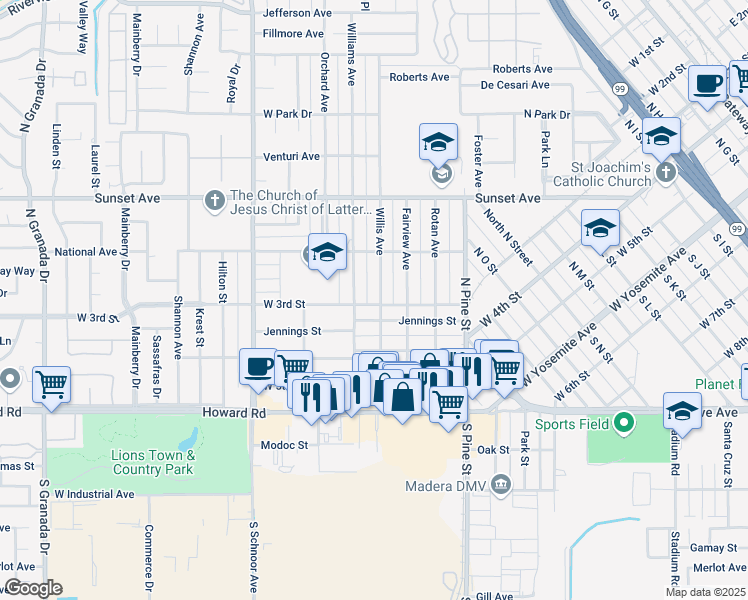 map of restaurants, bars, coffee shops, grocery stores, and more near 410 Willis Avenue in Madera