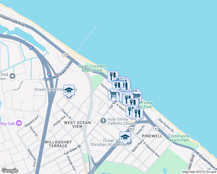 map of restaurants, bars, coffee shops, grocery stores, and more near 245 West Ocean View Avenue in Norfolk
