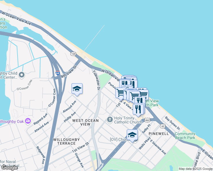 map of restaurants, bars, coffee shops, grocery stores, and more near 269 Portview Avenue in Norfolk