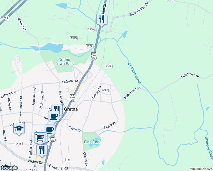 map of restaurants, bars, coffee shops, grocery stores, and more near 607 Payne Street in Gretna
