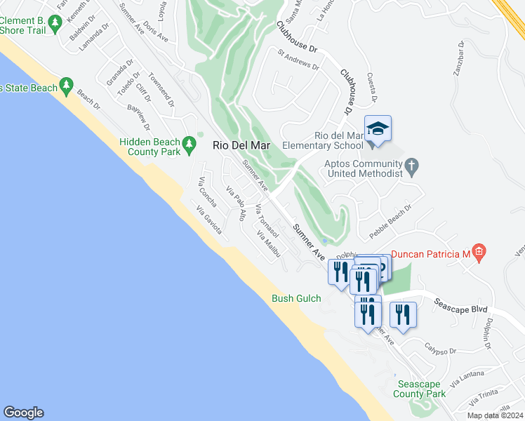 map of restaurants, bars, coffee shops, grocery stores, and more near 1299 Clubhouse Drive in Aptos