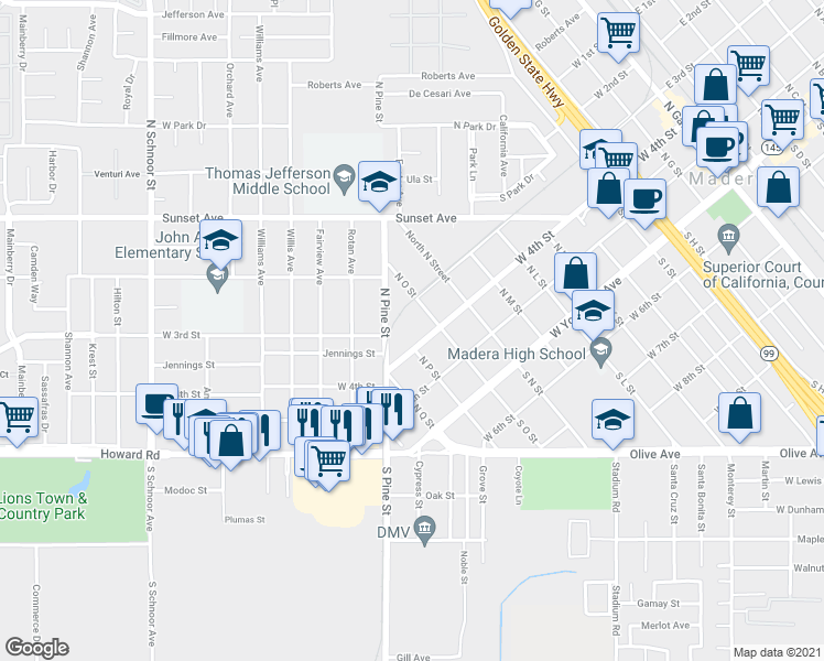 map of restaurants, bars, coffee shops, grocery stores, and more near 1015 West 4th Street in Madera