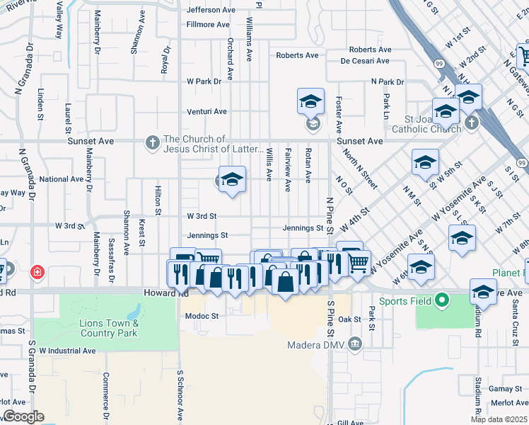 map of restaurants, bars, coffee shops, grocery stores, and more near 410 Willis Avenue in Madera