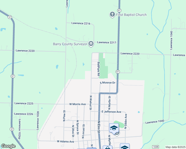 map of restaurants, bars, coffee shops, grocery stores, and more near 902 North Walnut Street in Pierce City