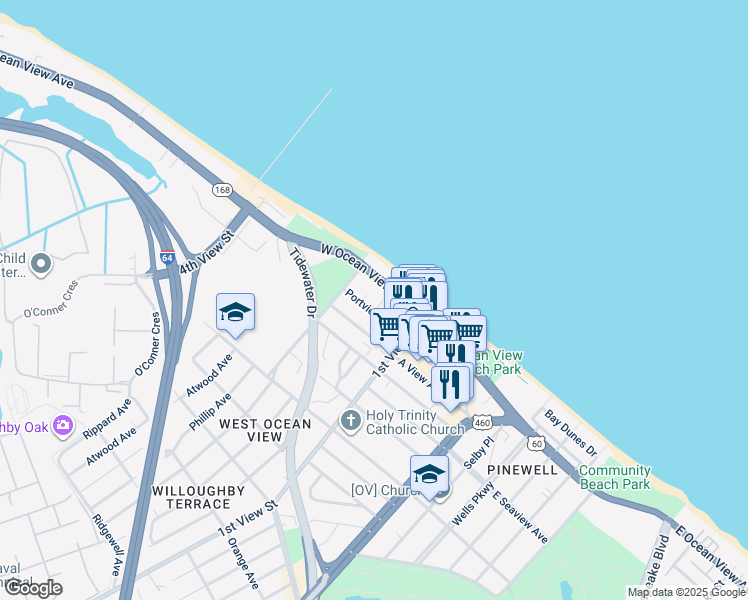 map of restaurants, bars, coffee shops, grocery stores, and more near 244 Portview Avenue in Norfolk