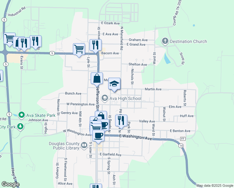 map of restaurants, bars, coffee shops, grocery stores, and more near Northeast 5th Street in Ava