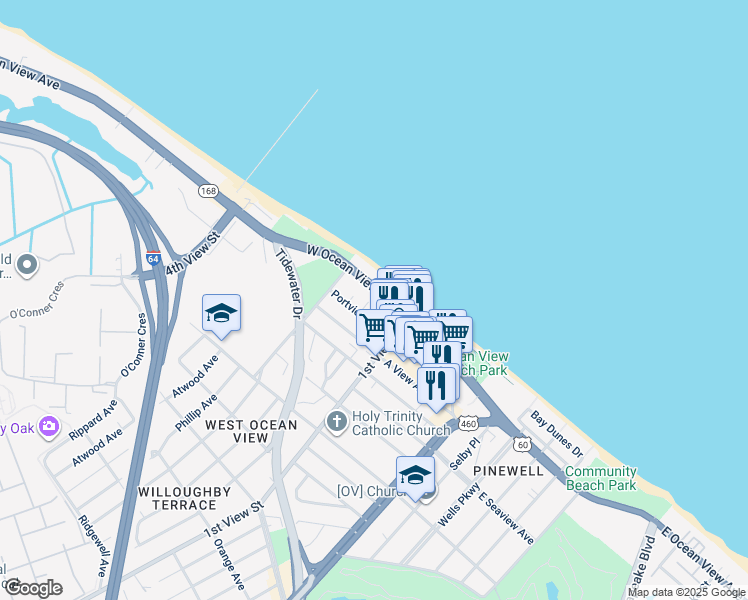 map of restaurants, bars, coffee shops, grocery stores, and more near 245 West Ocean View Avenue in Norfolk