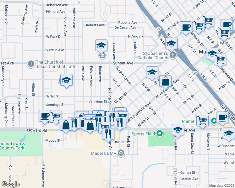 map of restaurants, bars, coffee shops, grocery stores, and more near 405 North Pine Street in Madera