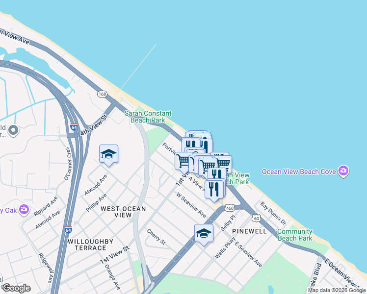 map of restaurants, bars, coffee shops, grocery stores, and more near 245 West Ocean View Avenue in Norfolk