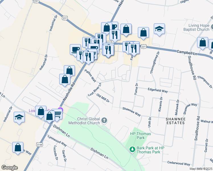 map of restaurants, bars, coffee shops, grocery stores, and more near 735 Patton Way in Bowling Green