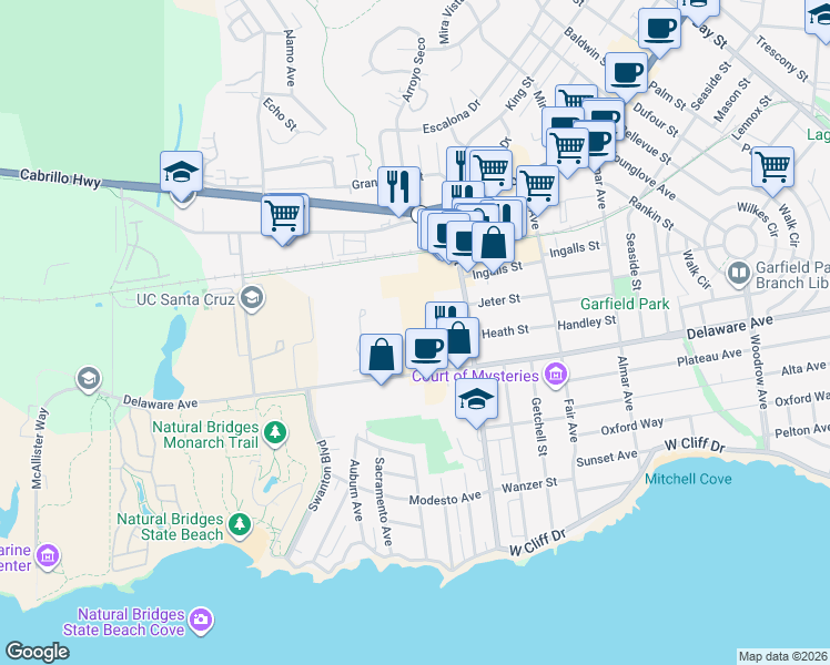 map of restaurants, bars, coffee shops, grocery stores, and more near 200 Panetta Avenue in Santa Cruz