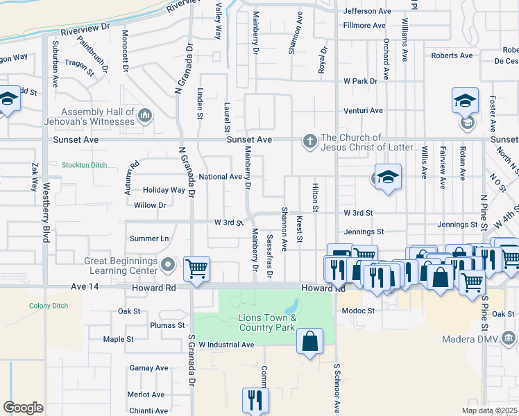 map of restaurants, bars, coffee shops, grocery stores, and more near 2409 West 3rd Street in Madera