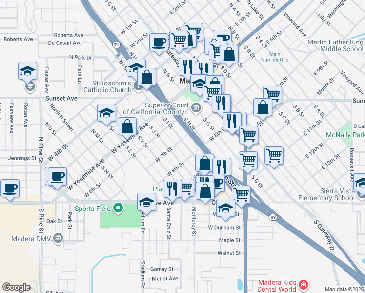 map of restaurants, bars, coffee shops, grocery stores, and more near 304 South I Street in Madera